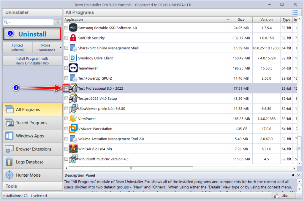 Gỡ sạch phần mềm bằng Revo Uninstaller Pro - chọn Uninstall