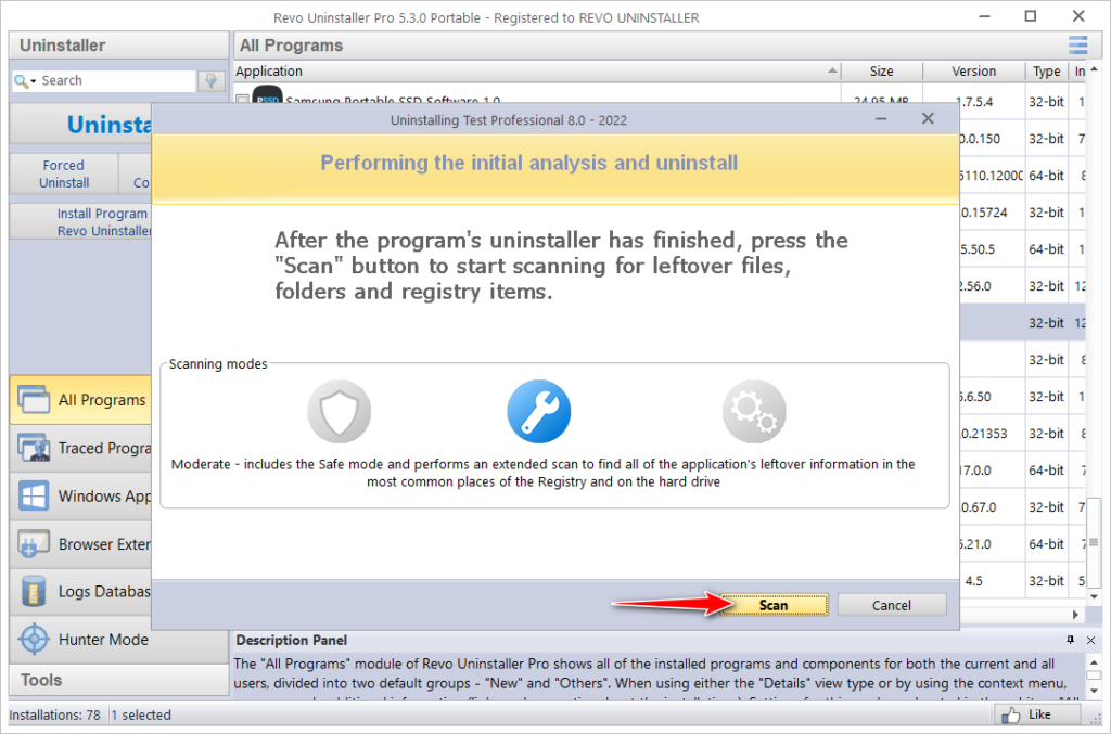 Gỡ sạch phần mềm bằng Revo Uninstaller Pro - chọn chế độ Scan
