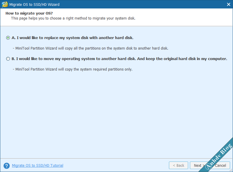 Lựa chọn khi di chuyển Win sang ổ cứng mới với Partition Wizard