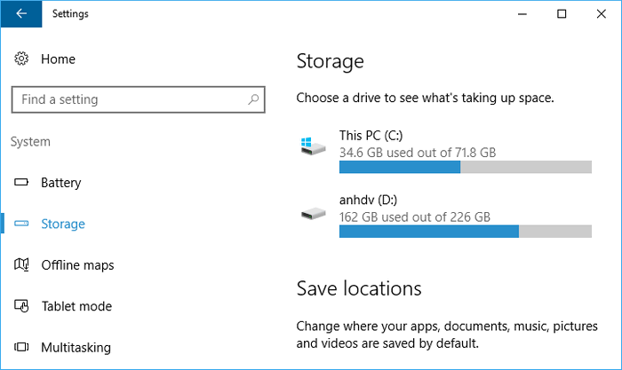 Tùy chọn Storage trong Settings Windows 10