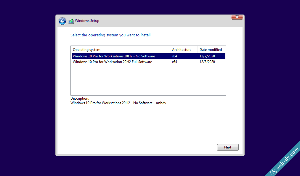 Windows 10 Pro For Worksation 20H2 AIO chọn khi cài